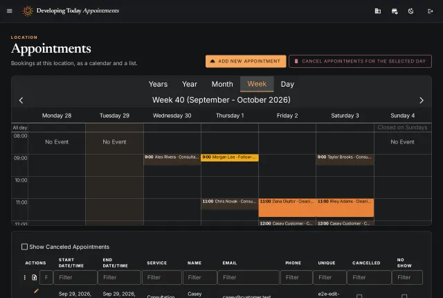 The Appointments screen: a week's calendar with bookings colored by service, and the list below.