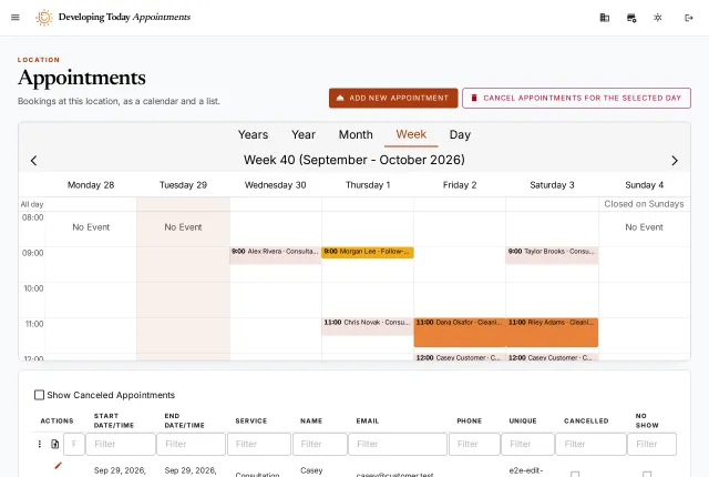 The Appointments screen: a week's calendar with bookings colored by service, and the list below.