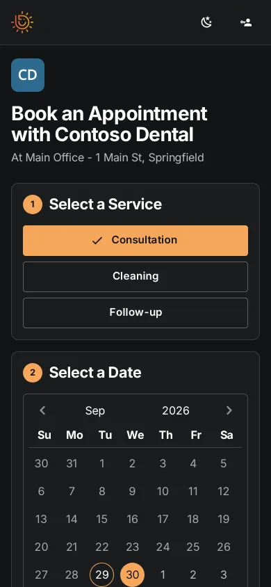 The booking page on a phone, with the Consultation service chosen and a calendar to pick a date.