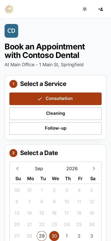 The booking page on a phone, with the Consultation service chosen and a calendar to pick a date.