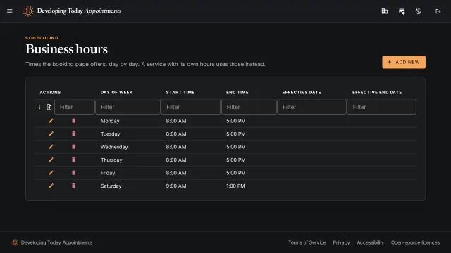 The Business hours screen: Monday to Friday 8:00 AM to 5:00 PM, Saturday 9:00 AM to 1:00 PM.