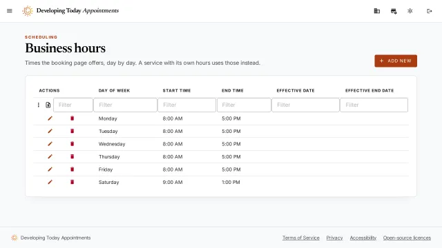 The Business hours screen: Monday to Friday 8:00 AM to 5:00 PM, Saturday 9:00 AM to 1:00 PM.