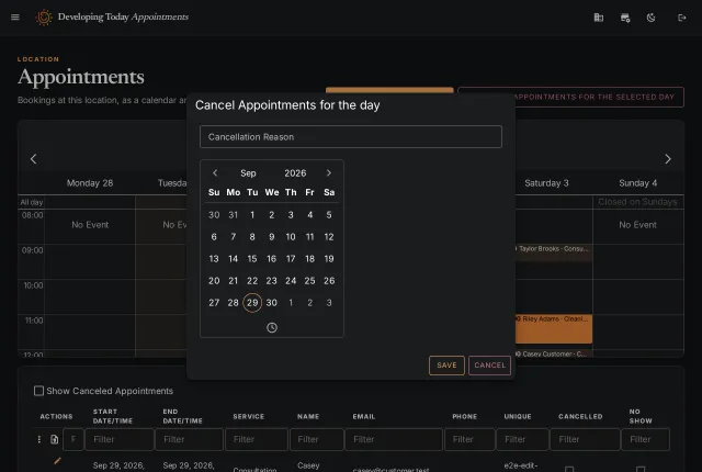 The Cancel Appointments for the day dialog, with a calendar to pick the date.