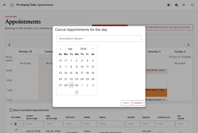 The Cancel Appointments for the day dialog, with a calendar to pick the date.