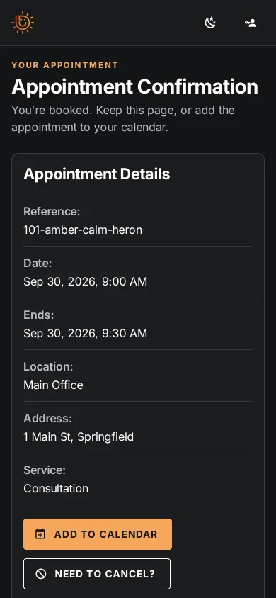 The confirmation page on a phone, with the appointment details and the Add to calendar and Need to cancel? buttons.