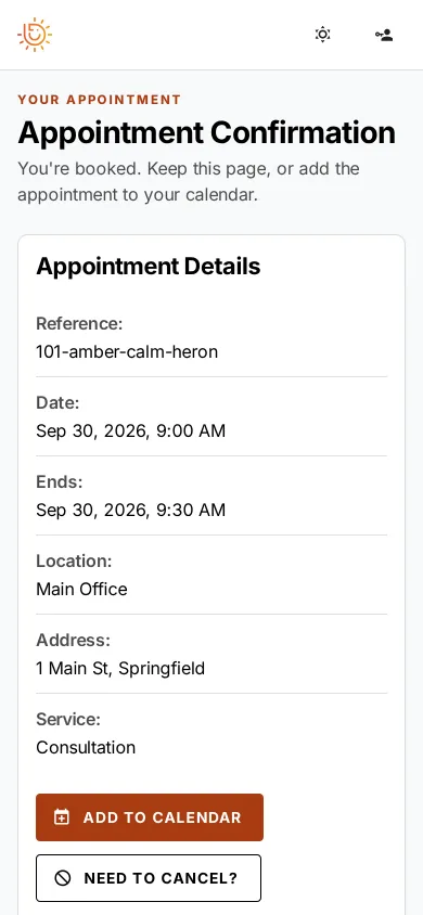 The confirmation page on a phone, with the appointment details and the Add to calendar and Need to cancel? buttons.
