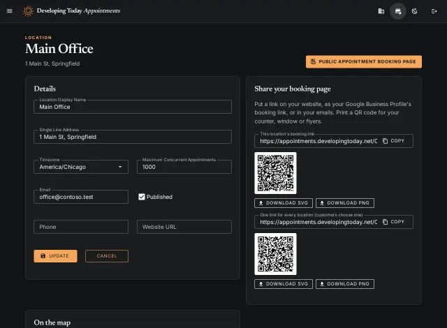 The location screen's Share your booking page panel: the location's booking link and the link for every location, each with a Copy button, a QR code and Download SVG and Download PNG buttons.