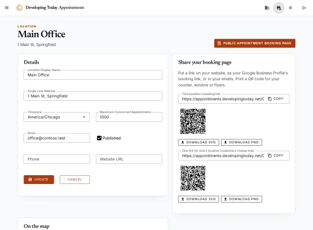 The location screen's Share your booking page panel: the location's booking link and the link for every location, each with a Copy button, a QR code and Download SVG and Download PNG buttons.