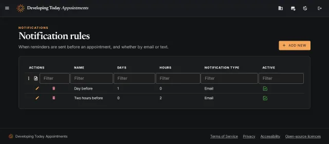 The Notification rules screen listing a Day before rule and a Two hours before rule, both by email.
