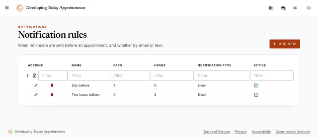 The Notification rules screen listing a Day before rule and a Two hours before rule, both by email.