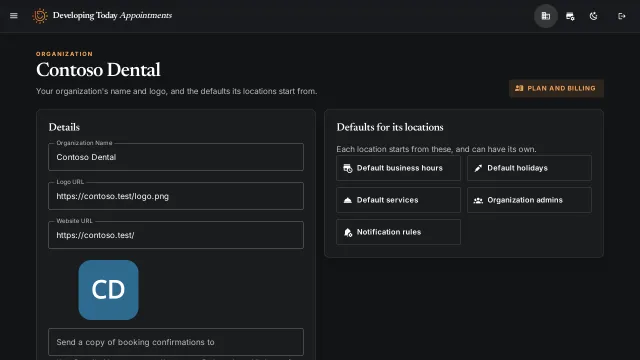 The organization screen for Contoso Dental, with its name, logo and website addresses, and buttons for its default business hours, holidays, services, admins and notification rules.