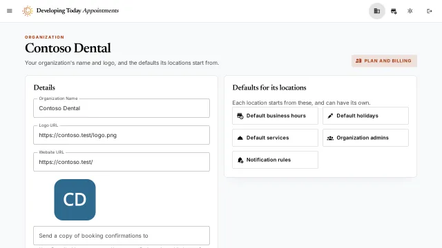 The organization screen for Contoso Dental, with its name, logo and website addresses, and buttons for its default business hours, holidays, services, admins and notification rules.