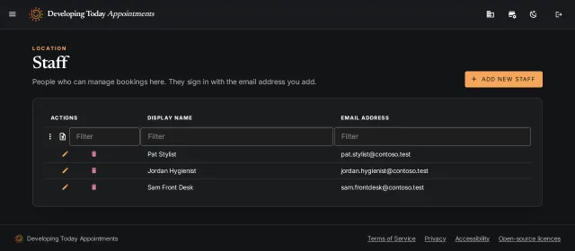 The Staff screen listing three people, each with a name and email address.