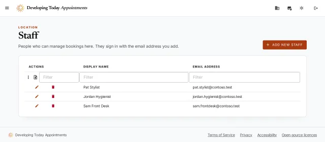 The Staff screen listing three people, each with a name and email address.